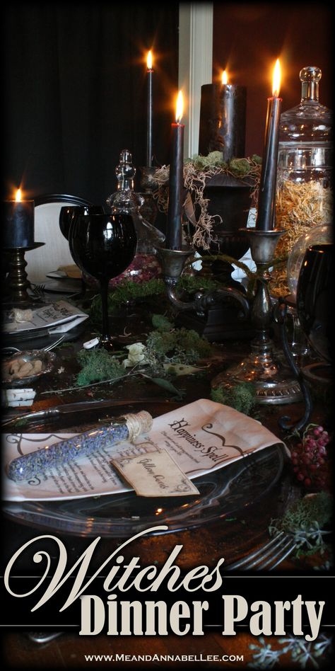 Witches Dinner Party, Dinner Party Elegant, Witches Dinner, Samhain Celebration, Elegant Halloween Decor, Halloween Menu, Table Halloween, Annabel Lee, Witch Party