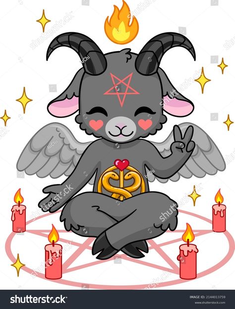 Cute Baphomet Tattoo Design, Baphomet Phone Wallpaper, Cute Baphomet Art, Cute Baphomet Tattoo, Chibi Baphomet, Walk Drawings, Baphomet Drawing, Cartoon Baphomet, Baphomet Art