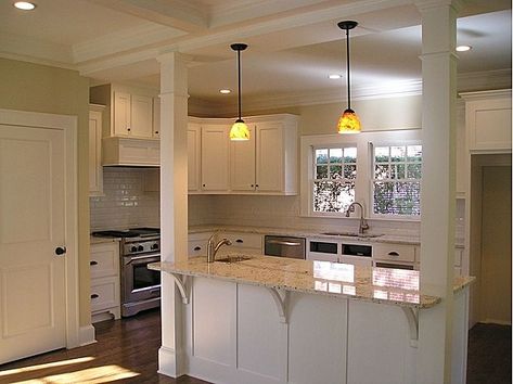 20 Beautiful Kitchen Island Designs With Columns Kitchen Island With Columns Posts, Kitchen With Column, Kitchen Island Ideas With Columns, Kitchen Island With Post, Kitchen Island With Columns, Kitchen Island With Sink And Dishwasher, Kitchen Columns, Island With Stove, Kitchen Island With Stove