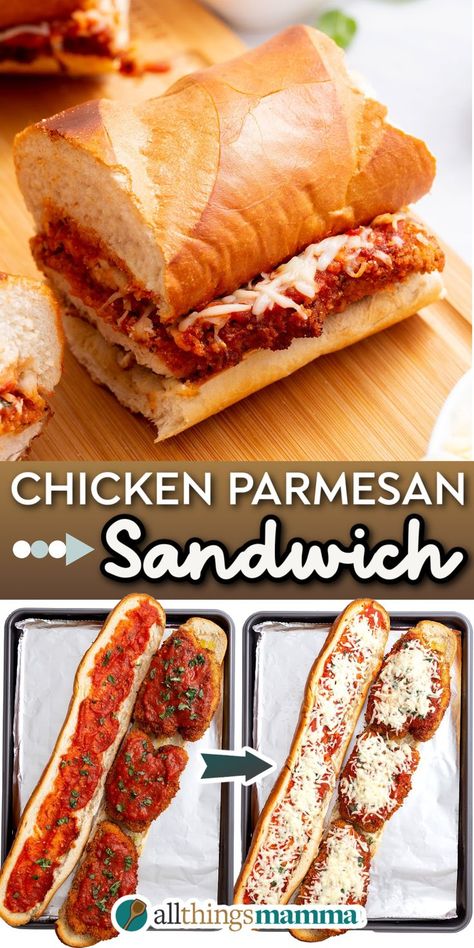 Chicken Parmesan Sandwich sitting on a cutting board. steps to make Chicken Parmesan Sandwich Chicken Parm Subs Sandwiches, Chicken Parmesan Hoagie, Chicken Parmesan Panini, Parm Chicken Sandwich, Hot Baguette Sandwich, Chicken Parmesan Sandwich Recipe Easy, French Bread Chicken Sandwich, Parmasean Chicken Sandwich, Chicken Park Sandwich