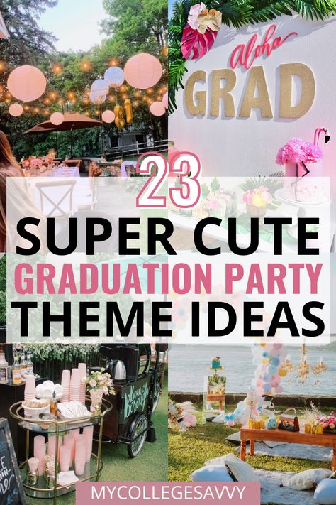 23 super cute graduation party theme ideas Senior Graduation Party Themes, Graduation Party Ideas College Outdoor, Senior Party Themes High Schools, Graduation Party At Home Ideas, Cute Graduation Party Themes, Graduation Themes Ideas, Grad Theme Ideas, Graduation Party Color Ideas, Graduation Party Floral Theme