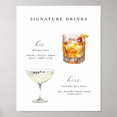 Signature Drinks Wedding Cocktails Bar Poster Sign. Features, Whiskey Sour and Lavender Cocktails. Gin And Tonic Wedding Drink, Rustic Wedding Signature Cocktail, Cocktail List Wedding, Fun Wedding Cocktails, Signature Drink Signage, Specialty Drinks For Wedding, His And Hers Cocktails Wedding, Wedding Cocktails Signature, Wedding Drinks Cocktails