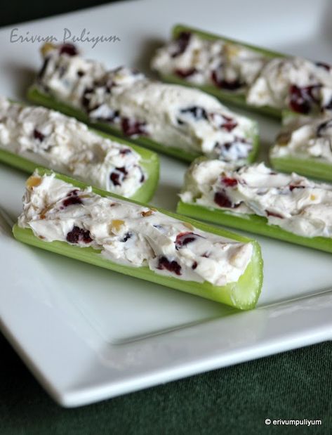 Erivum Puliyum: Stuffed Celery Sticks | Quick Snacks | No Cooking Snacks No Cooking Snacks, Celery Recipes Snacks, Egg Salad Pasta, Stuffed Celery Sticks, Celery Snacks, Stuffed Celery, Stuffed Veggies, Bliss Bars, Cranberry Bliss