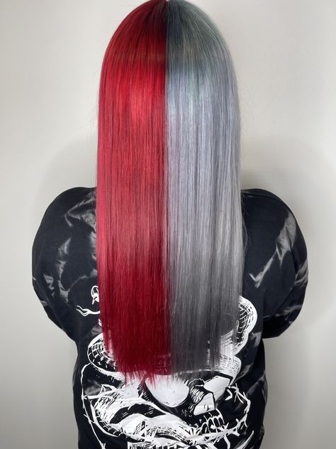 Red and Silver split hair color block pulp riot Pyro and Silver vivid color @gina_styles4u Split Dyed Hair Bright Colours, Red Silver Hair, Silver Red Hair, Red Split Dye Hair, Silver And Red Hair, Red And Silver Hair, White And Red Hair, Dark Red Purple Hair, Grey Dyed Hair