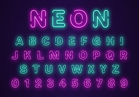 Neon Font Alphabet, Neon Sign Lettering, Neon Sign Font, Clothing Fonts, Arrow Signage, Neon Number, Neon Lettering, Neon Font, Neon Typography