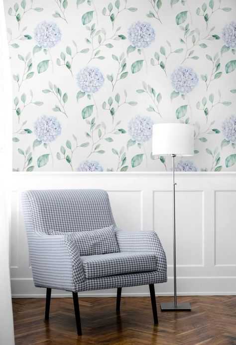 Hydrangea Wallpaper Bedroom, Hydrangea Themed Nursery, Hydrangea Wallpaper Bathroom, Hydrangea Peel And Stick Wallpaper, Hydrangea Nursery Decor, Blue Flower Wallpaper Bedroom, Light Blue Peel And Stick Wallpaper, Hydrangea Baby Nursery, Hydrangea Nursery Girl