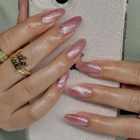 Summer Bday Nails, Pink Magnetic Nails, Pink Velvet Nails, Medium Almond Nails, Glitter Cat Eye, Almond Nails Pink, Velvet Nails, Pink Glitter Nails, 2024 Nails