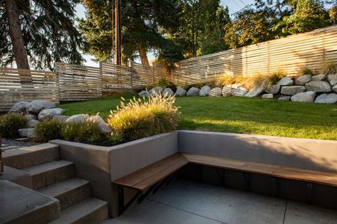 Retaining Wall With Seating - Landscape - Salt Lake City - by Big Rock Landscaping | Houzz Retaining Wall With Seating, Cement Retaining Wall, Retaining Wall Garden, Retaining Wall Patio, Pool Makeover, Backyard Retaining Walls, Sloped Backyard Landscaping, Outdoor Fire Pit Area, Landscape Stairs