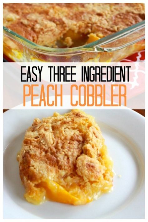 Peach cobbler with only three ingredients. It tastes awesome and is easy to make. Cobbler Recipes Easy, Easy Peach Cobbler Recipe, Cobbler Easy, Three Ingredient Recipes, Dessert Oreo, Homemade Snickers, Peach Cobbler Easy, Peach Desserts, Peach Cobbler Recipe