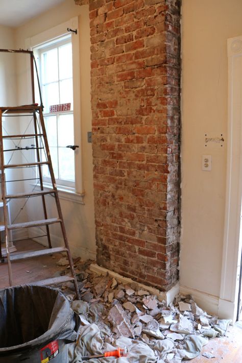 Before & After: Exposing a Brick Chimney Under Plaster Walls | 17 Apart Brick Chimney In Kitchen, Chimney In Kitchen, Exposed Brick Chimney, Exposed Brick Fireplaces, Fake Brick, Fireplace Brick, Brick Chimney, Farmhouse Remodel, Exposed Brick Walls