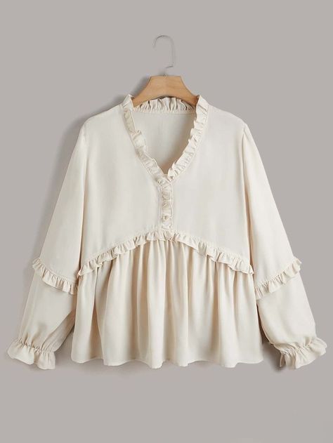 Cute White Top Outfits, Fashion Tops Blouse Plus Size, Over Size Blouse, Trendy Fashion Tops Long, Tops With Ruffles, Long Tops Designs, Long Tops For Women, Tops For Plus Size, Flounce Sleeve Top