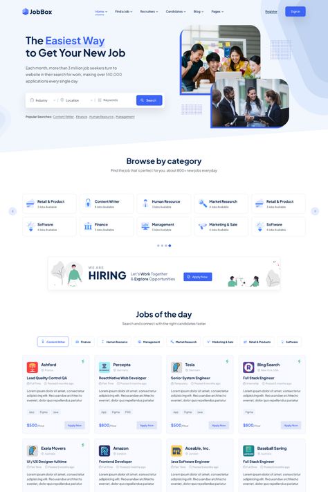 JobBox is a professional and stylish Job Board & Career Portal WordPress theme designed for recruitment agencies and job boards. The theme features a clean and modern design, with customizable categories, filters, and search options, making it easy for job seekers to find the right job. The theme is built with powerful features, such as job alerts, application tracking, and resume management, making it easy for employers to manage job postings and applicant submissions. Website Search Design, Web Design Categories, Website Categories Design, Job Board Design, Jobs Website Design, Recruitment Website Design Inspiration, Directory Website Design, Website Category Design, Job Search Website