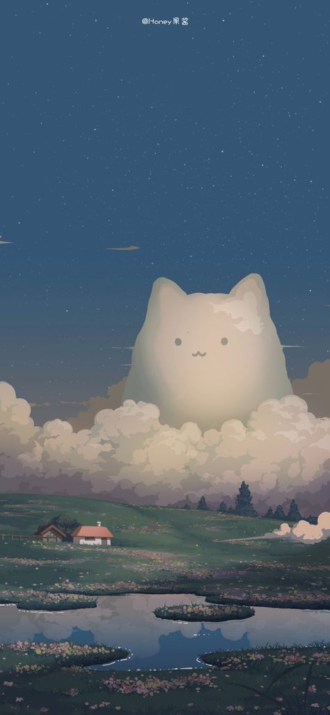 Cat Cloud Wallpaper, Cute Pusheen Wallpapers, Ghibli Aesthetic, Cat And Cloud, Chinese Drawings, Phone Decoration, Fun Sleepover Ideas, Cute Christmas Wallpaper, Drawing Wallpaper