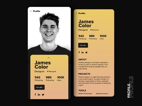 Profile App by Nirmal GL on Dribbble Mobile App Portfolio Design, Portfolio App Design, Web Profile Design, User Profile Ui Design Mobile App, Profile Ux Design, App Profile Design, Profile Page Ui Mobile, Scorecard Design, Profile Card Ui