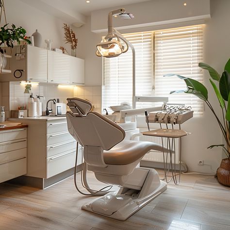 Modern Dental Office: A neatly organized modern dental office with a comfortable chair under a bright procedural light. #dental #office #modern #chair #light #aiart #aiphoto #stockcake ⬇️ Download and 📝 Prompt 👉 https://stockcake.com/i/modern-dental-office_738994_448865 Dental Office Lighting Ceilings, Dental Clinic Esthetic, Cozy Dental Office, Dental Chair Design, Modern Farmhouse Dental Office, Dental Office Aesthetic, Small Dental Clinic Interior Design, Modern Dental Office Design, Dental Office Ideas