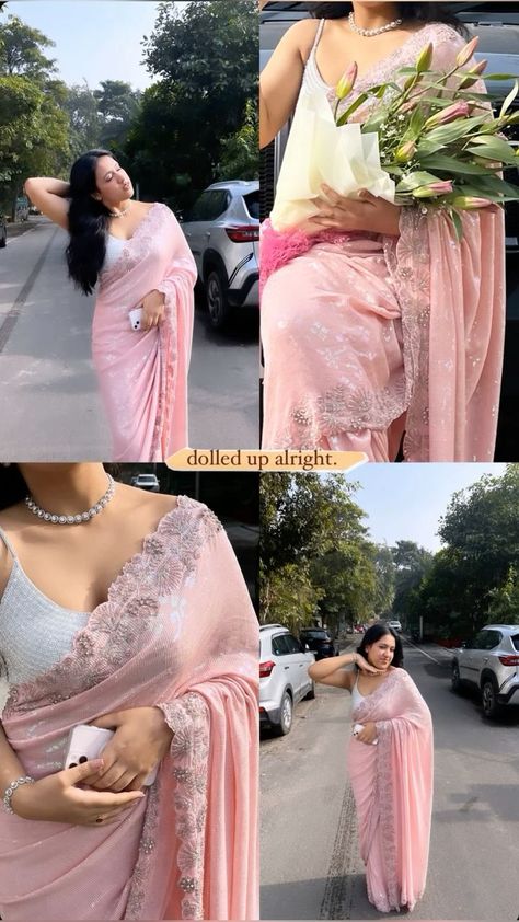 Pose Ideas In Saree, Ethnic Day Outfits College Saree, Saare Poses Aesthetic, College Farewell Saree Ideas, Pink Saree Aesthetic, Pose With Saree, Saree Instagram Story, Saree Photo Ideas, Farewell Sarees Colleges