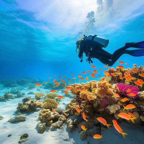 "Underwater Diving Adventure: A solitary diver explores the vibrant underwater world teeming with colorful fish and coral reefs. #underwater #scuba #diver #coral #reef #oceanlife #marinelife #adventure ⬇️ Download and 📝 Prompt 👉 https://stockcake.com/i/underwater-diving-adventure_174613_29572" Maldives Scuba Diving, Free Diving Aesthetic, Scuba Diving Aesthetic, Ocean Diving, Scuba Diving Photography, Underwater Diving, Ocean Girl, Orange Fish, Underwater Fish