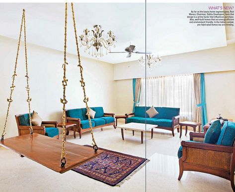 a spacious traditional India show home decorated with wooden swing, pleasing colors and modern amenities in a sprawling community on the outskirts of bangalore. Room Indian Style, Interior Design Indian Style, Living Room Indian Style, Modern Indian Home, Indian Style Living Room, Living Room Designs Indian, Interior Design Indian, Living Room Indian, Indian Interior Design