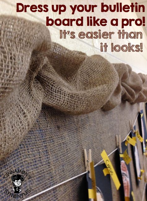 Burlap Bulletin Board. Reggio inspired, natural decor, easy to create! Burlap Border Bulletin Board How To, Natural Bulletin Board, Reggio Inspired Bulletin Boards, Natural Bulletin Board Ideas, Rustic Bulletin Board Ideas, Burlap Border Bulletin Board, Reggio Bulletin Boards, Burlap Bulletin Board Ideas, Nature Bulletin Boards