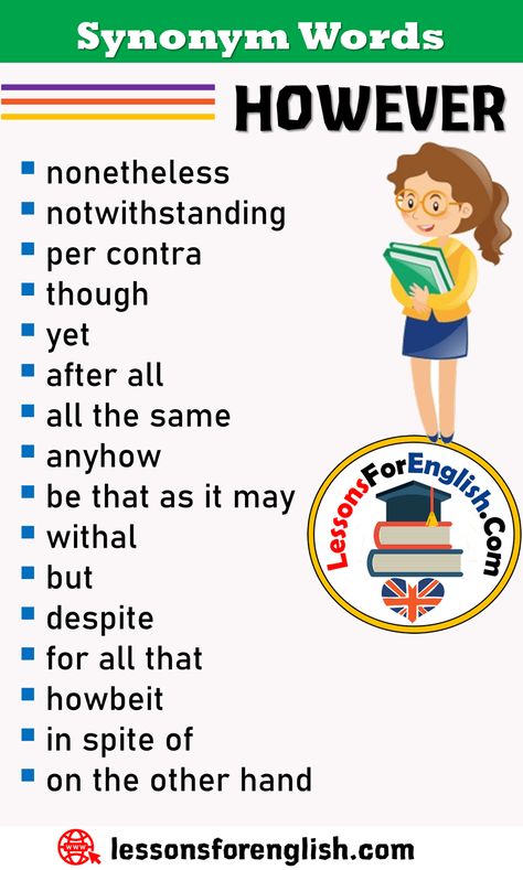 Synonym Words HOWEVER, English Vocabulary nonetheless notwithstanding per contra though yet after all all the same anyhow be that as it may withal but despite for all that howbeit in spite of on the other hand Synonyms For But, Schul Survival Kits, L Word, Cobie Smulders, Teaching English Grammar, English Conversation, Sarah Shahi, Vocabulary Lessons, English Learning Spoken