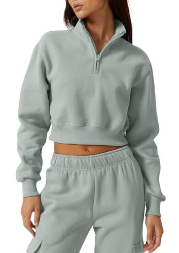 QINSEN Womens Half Zip Crop Sweatshirt High Neck Long Sleeve Pullover Cropped Top Fasion Outfits, High Neck Long Sleeve, Crop Sweatshirt, Cropped Top, Long Sleeve Pullover, Half Zip, Hoodie Fashion, High Neck, Sweatshirts Hoodie