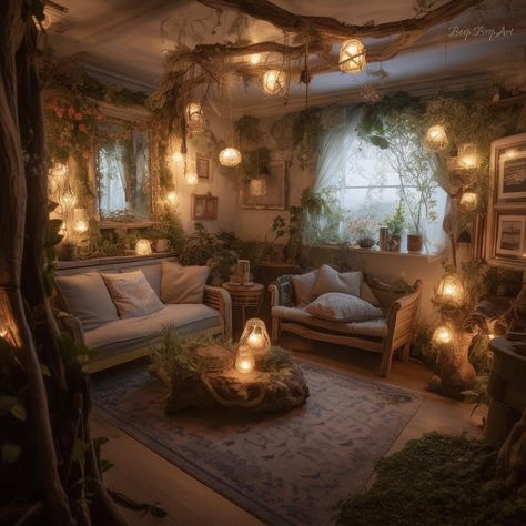 Fantasy Aesthetic Living Room, Fairy Inspired House Interior, Cozy Room Aesthetic Dark Forest, Moss Blanket Aesthetic, Fairy Aesthetic House Decor, Vintage Fairy Room Aesthetic, Fantasy Aesthetic Room Decor, Fairy Cottage Core Room, Fantasy Cottage Living Room