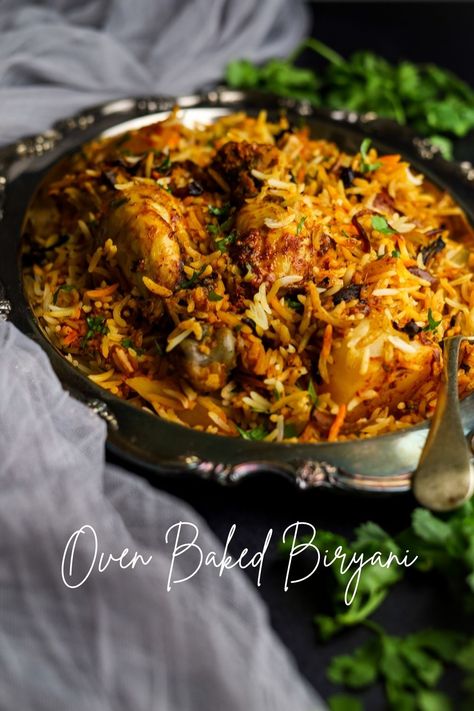 This Oven Baked Chicken Biryani is so aromatic and full-flavored yet so easy to cook. Perfect comfort food Chicken Thigh Biryani Recipe, Indian Baked Chicken Recipes, Easy Chicken Byriani Recipe, Byriani Recipe Chicken, Oven Chicken Dishes, Chicken Byriani Recipe Biryani, Easy Chicken Breyani Recipes, Biryani Recipes Chicken, Best Chicken Briyani Receipes