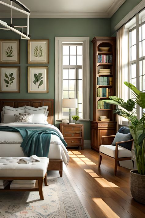 How to Decorate a Bedroom for a Bibliophile Bedroom Interior Styles, Green Cozy Bedroom Ideas, Classic Room Decor Bedroom, World Of Interiors Bedroom, Sage Paint Bedroom, Book In Bedroom, Benjamin Moore Paint Palette Color Combinations, Curtains On Either Side Of Fireplace, Bookcase In Master