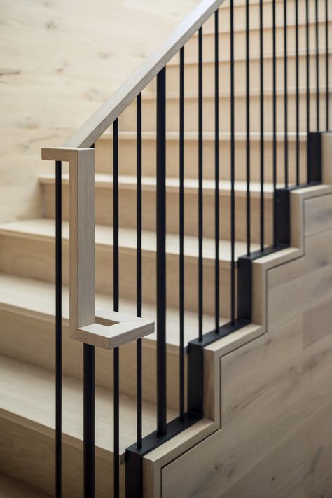 Black Bear Woodworking & Fine Cabinetry Hickory Stair Railing, Modern Stair Handrail, Stair Styles, Custom Cabinets Bathroom, England Interior Design, Kitchen Custom Cabinets, New England Interior Design, The 7d, New England Interior