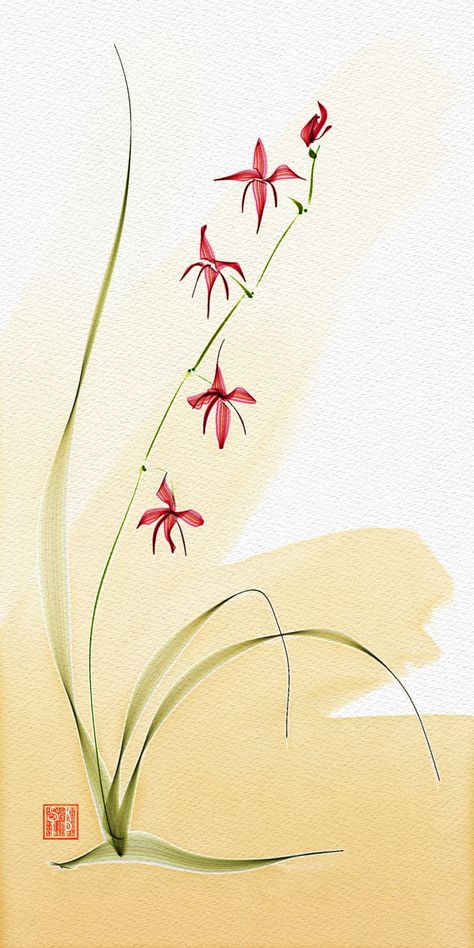 Corel Painter Watercolor Asian Watercolor Paintings, Bookmark Calligraphy, Silk Drawing, Asian Watercolor, Japanese Orchid Painting, Traditional Chinese Watercolor Painting, Japanese Scroll, Chinese Ink Painting Flower, Chinese Painting Flowers