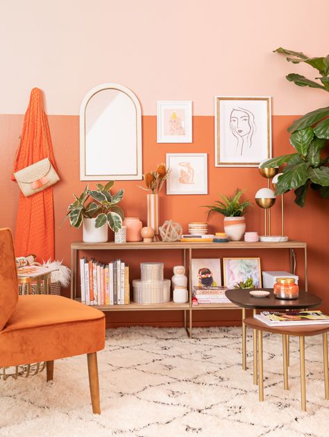 color adventures: a rust living room / via oh joy! Rust Orange Interior Design, Accent Wall Bedroom Colorful, Rust Orange Decor, Unique Room Colors, Orange Room Inspiration, Fun Room Colors, Orange Paint Living Room, Orange Aesthetic Interior, Colorful Living Room Walls