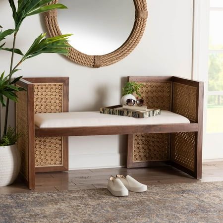 Craft an atmosphere of reprieve in your space with the rustic charm of the Lovina accent bench. Made in Indonesia, this bohemian piece consists of a sturdy acacia wood frame with beautifully woven natural rattan by skilled artisans. Wide and lightly padded seat brings comfortable seating to any entryway, living room, or bedroom arrangement. The Lovina requires assembly and utilizes a symmetrical silhouette for a bold display. Brining a touch of exotic flair to modern interiors, the Lovina accent Basement Entrance, Bedroom Arrangement, Accent Bench, Bench Decor, Wood Accent, Entryway Furniture, Upholstered Bench, Green House, Boho Living Room