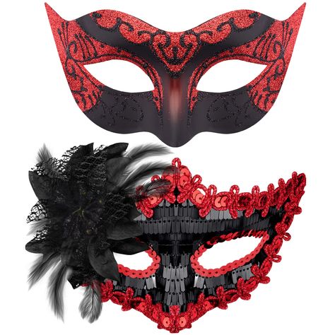 PRICES MAY VARY. Couple masquerade mask set - package include 2 pcs masquerade masks, the black plastic masquerade mask for men, the black and red sequins masquerade mask for women, which with rhinestone and flower decor Premium material - SIQUK masquerade party masks are made of strong, durable and lightweight plastic, no extra glue and no discoloration, the masquerade mask can be molded easily to the face contours of the wearers One size fits most - the couple masquerade masks are attached wit Red Mask Masquerade, Couples Masquerade Masks, Mens Masquerade Mask, Rhinestone Halloween, Halloween Costume Mask, Mask For Men, Party Masks, Party Mask, Masquerade Masks