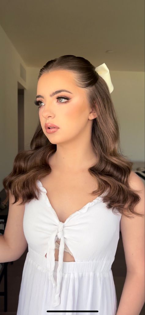 Bachelorette Hairstyles Half Up, Bridal Shower Hair With Bow, Half Up Half Down Hair With Fascinator, Clean Half Up Half Down Hair, Half Updo With Bow, Half Up Half Down Hair Wavy, Sleek Half Up Half Down Hair Wedding, Half Up Half Down Middle Part, Sleek Half Up Half Down