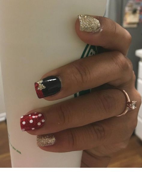 Disney Nails - Red, Gold Glitter, Black Gold Mickey Nails, Rose Gold Disney Nails, Red And Black Disney Nails, Disney Red Nails, New Years Disney Nails, Red Mickey Nails, Gold Disney Nails, Disney Nails Glitter, Disney Christmas Nails Acrylic