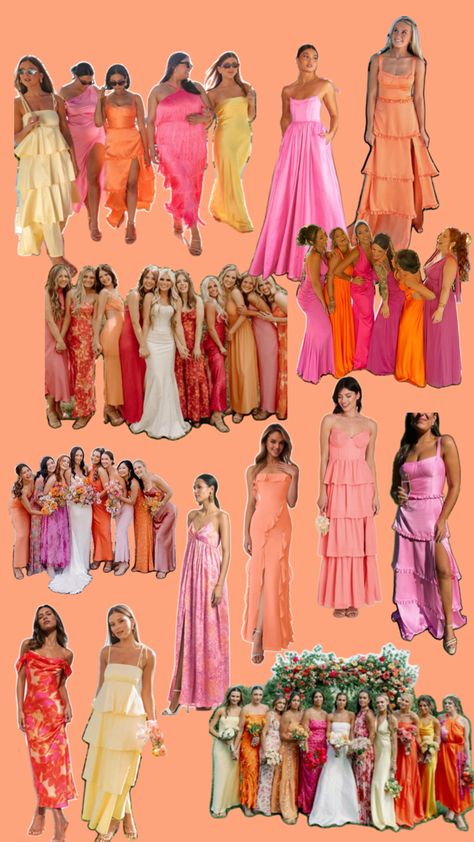 Sunset Bridesmaid Dresses, Bridesmaid Palette, Pastel Wedding Theme, Peach Bridesmaid Dresses, Pastel Sunset, Pink Gowns, Pastel Wedding, Sunset Colors, Bridesmaids Dresses