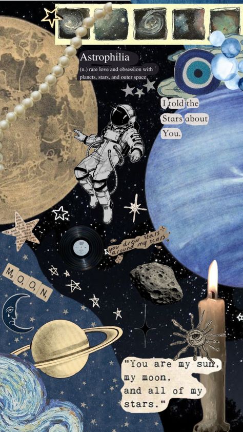 Astronomy Scrapbook Ideas, Universe Design Graphic, Astronomy Scrapbook, Spacecore Wallpaper, Astronomy Collage, Astrology Collage, Vintage Planets, Astronomy Aesthetic, Random Backgrounds