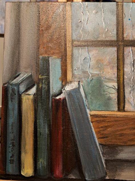 Paintings Of Books Artworks, Books In Paintings, Books Still Life Painting, Still Life Painting Books, Canvas Book Painting, Painting Ideas Classic, Oil Painting Books, Dark Academia Painting Ideas Easy, Painting Of A Book