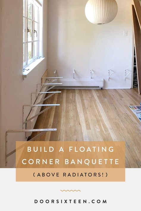 I built a floating corner banquette above the baseboard radiators in my dining room! Built In Bench Over Baseboard Heat, Built In Bench Over Radiator, Banquette Over Baseboard Heating, Half Wall Banquette Seating, Floating Kitchen Bench Seating, Tiny Banquette, Built In Corner Bench Dining Room, Breakfast Nook Over Baseboard Heater, Small Kitchen Banquette Corner