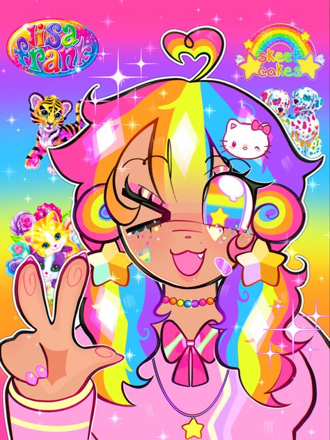 Lisa Frank Aesthetic Outfit, Vibrant Art Style, Kidcore Oc, Decora Art, Rainbow Doodle, Persona 1, Bright Colors Art, Kidcore Art, Nostalgia Art