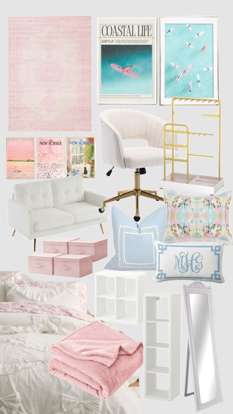 Dorm inspo Pink Dorm Room Ideas For Girls College, Simple Pink Dorm Room Ideas, Dorm Inspo Cozy Pink, Dorm Inspiration Pink, Dorm Room Themes Color Schemes, Dorm Inspo Pink, Cozy College Apartment, Pastel Dorm Room, Dorm Room Ideas Pink