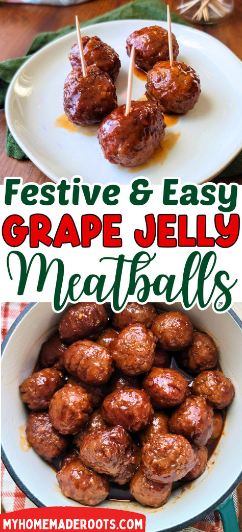 These Grape Jelly Cocktail Meatballs are the perfect appetizer for your holiday parties! Sweet, savory, and super easy to make, they’re sure to be a crowd-pleaser. Whether you’re hosting a festive gathering or bringing a dish to share, these cocktail meatballs are a must-try! #HolidayAppetizers #CocktailMeatballs #GrapeJellyMeatballs #EasyAppetizers #PartyFood #HolidayEntertaining Holiday Meatballs Crockpot Grape Jelly, Crockpot Chili Meatballs, Hosting Christmas Dinner Food Party Ideas, Appetizer Recipes For Christmas Eve, Food For Christmas Eve Party, Simple Finger Foods For Christmas Party, Meatball Appetizer Recipes Grape Jelly, Finger Foods Meatballs, Meatball Cocktail Appetizers