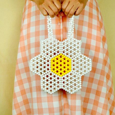 Handmade Beaded Flower Shape Handbag Each Beaded Is Hand Sewing By Our Artist. -$120 -White -Faux Pearl -Two Handle Appxo Measurement: 7.5”H X 7.5”W Hand Beaded Bag, Flower Handbag, Daisy Design, Yellow Handbag, Pearl Bag, Beaded Handbag, Beaded Purses, Crochet Bag Pattern, Beaded Bags