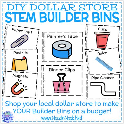 Builder Bins- DIY Dollar Store STEM Centers! If you have been looking for a tinker tub or activity to unleash your student’s creativity... See More Now! Stem Bins, Stem Boxes, Stem Centers, Kindergarten Stem, Preschool Prep, Steam Ideas, Preschool Stem, Stem Lab, Stem Classroom