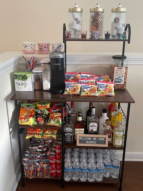 Coffee/Bar/Snack cart | Decor home living room, Girl apartment decor, Home theater decor Snack Station Ideas Kitchens, Aesthetic Snack Storage, Candy Bar Living Room, Snack Bar Bedroom Ideas, Snack Section In Room, Snack Rack Ideas Bedroom, College Food Organization, Future House Ideas Decorating Bedroom, Guest Bedroom Man Cave