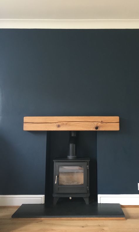 Fireplace with Farrow and Ball Hague Blue Farrow And Ball Hague Blue, Log Burner Living Room, Stove Installation, Feature Wall Living Room, Hague Blue, Sala Grande, Dining Room Blue, Cosy Living Room, Front Rooms