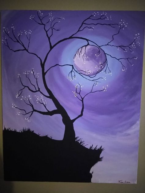 Purple Painting, Moonlight Painting, Silhouette Painting, Simple Canvas Paintings, Easy Canvas Art, Oil Pastel Art, Canvas Painting Designs, Purple Art, Small Canvas Art