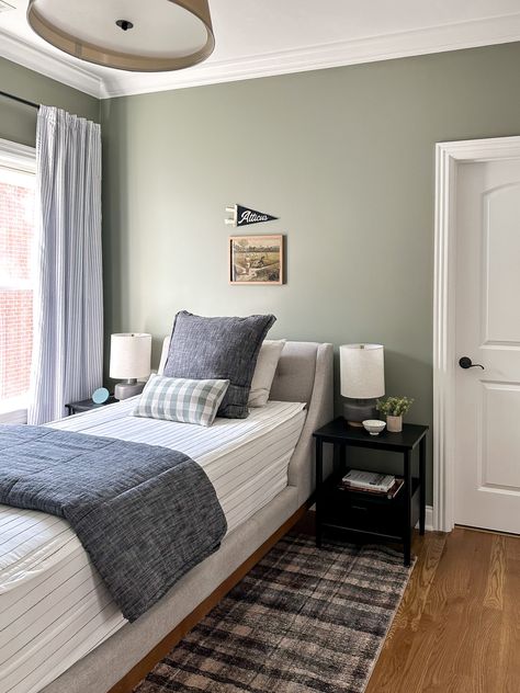 Boys Bedroom Makeover Green Walls Boys Bedroom, Blue Boys Bedroom Paint, Boys Room Green Accent Wall, Toddler Boy Paint Room Ideas, Toddler Boy Room Paint Colors, Boys Room Color Palette, Boy Bedroom Paint Colors, Sage Green Boys Room, Paint Boys Room