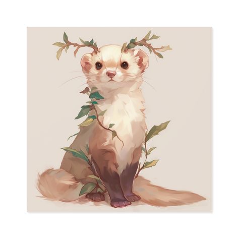 Branch Antlers, Stickers To Sell, Ferret Art, Cute Ferrets, Square Stickers, Art Mignon, Creature Drawings, Fantasy Creatures Art, Cute Doodle Art