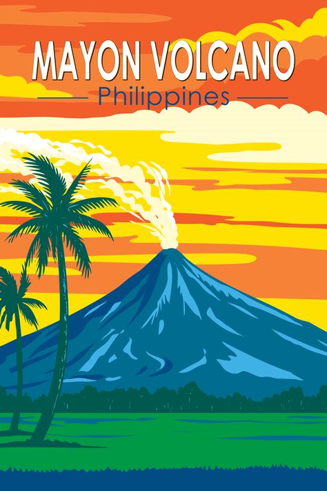 Retro-style poster of Mayon Volcano, showcasing its majestic beauty and captivating landscape in the Philippines. Mount Mayon, Bicol Philippines, Volcano Photos, Mayon Volcano, Philippine Mythology, Vintage Postcards Travel, Philippine Art, Philippines Culture, Vector Art Design